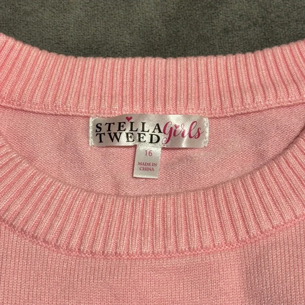 Stella Tweed Girls Pink Cherry Bow Embroidered Knit Crewneck Sweater Size 16